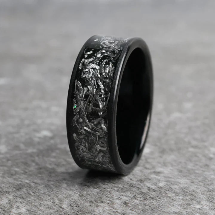 Matte Black Tungsten Carbide with Meteorite Shaving