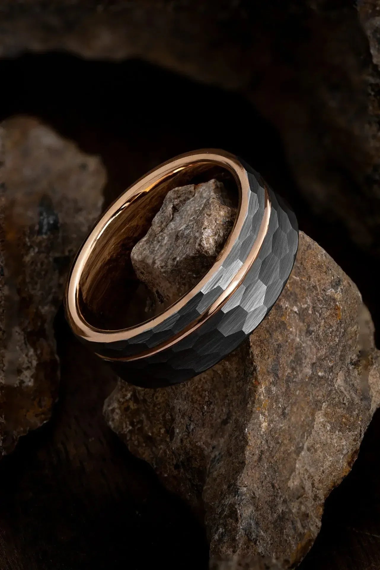 Hammered tungsten men's ring with gold channel by Regalia Rings, featuring a textured finish and sleek gold inlay design.