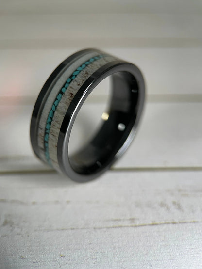 The Artemis: A Unique Mens Antler and Turquoise Wedding Band