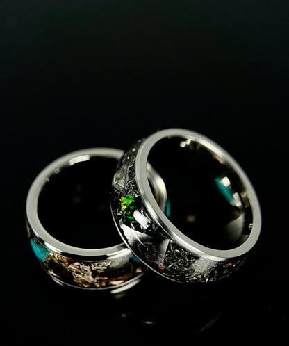 Titanium ring with meteorite inlay and fire opal accent from Regalia Rings' The Boreas collection.