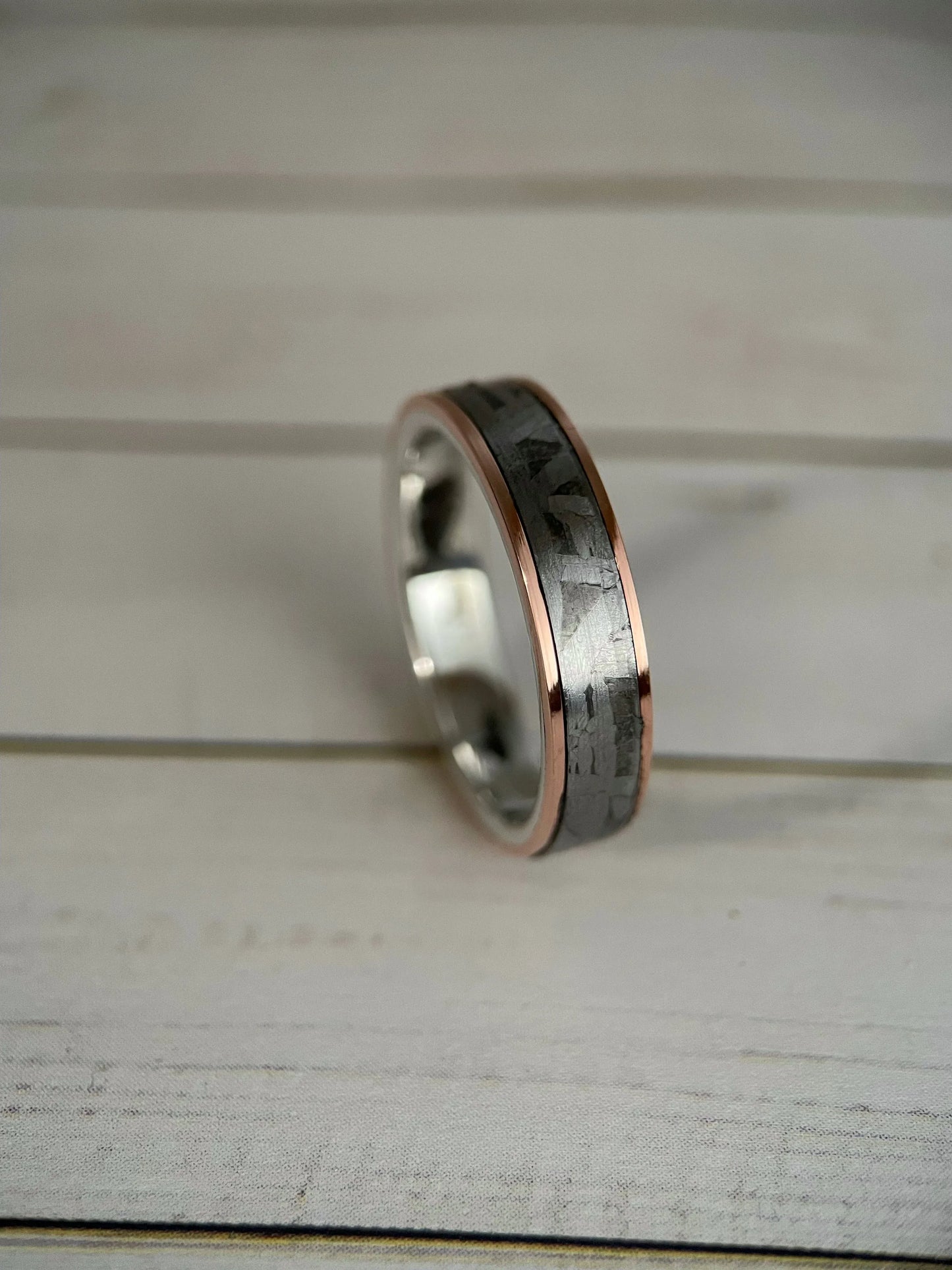 The Cassiopeia: Muonionalusta Meteorite, Sterling Silver, and Tellurium Copper Ring
