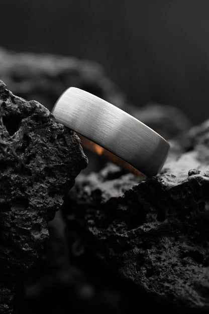Grey tungsten ring with gold accents, showcasing elegant design of The Erebus by My Store, close-up of the stylish jewelry.