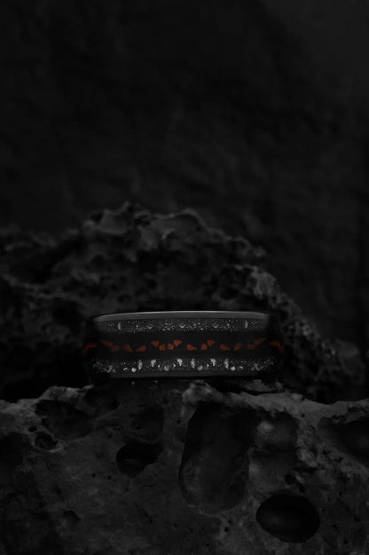 The Fossil Star: Tungsten and Dinosaur Teeth Meteorite Ring