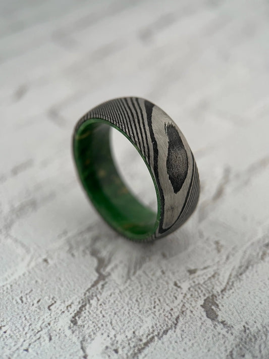 The Iris: Damascus Steel and Wood Wedding Band