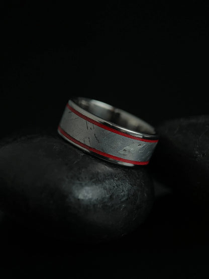 Silver titanium Grade 5 ring featuring a Muonionalusta meteorite fragment with a sleek, modern design by Regalia Rings.