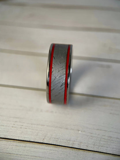 Close-up of The Orion ring by Regalia Rings featuring Muonionalusta meteorite and titanium Grade 5 band.