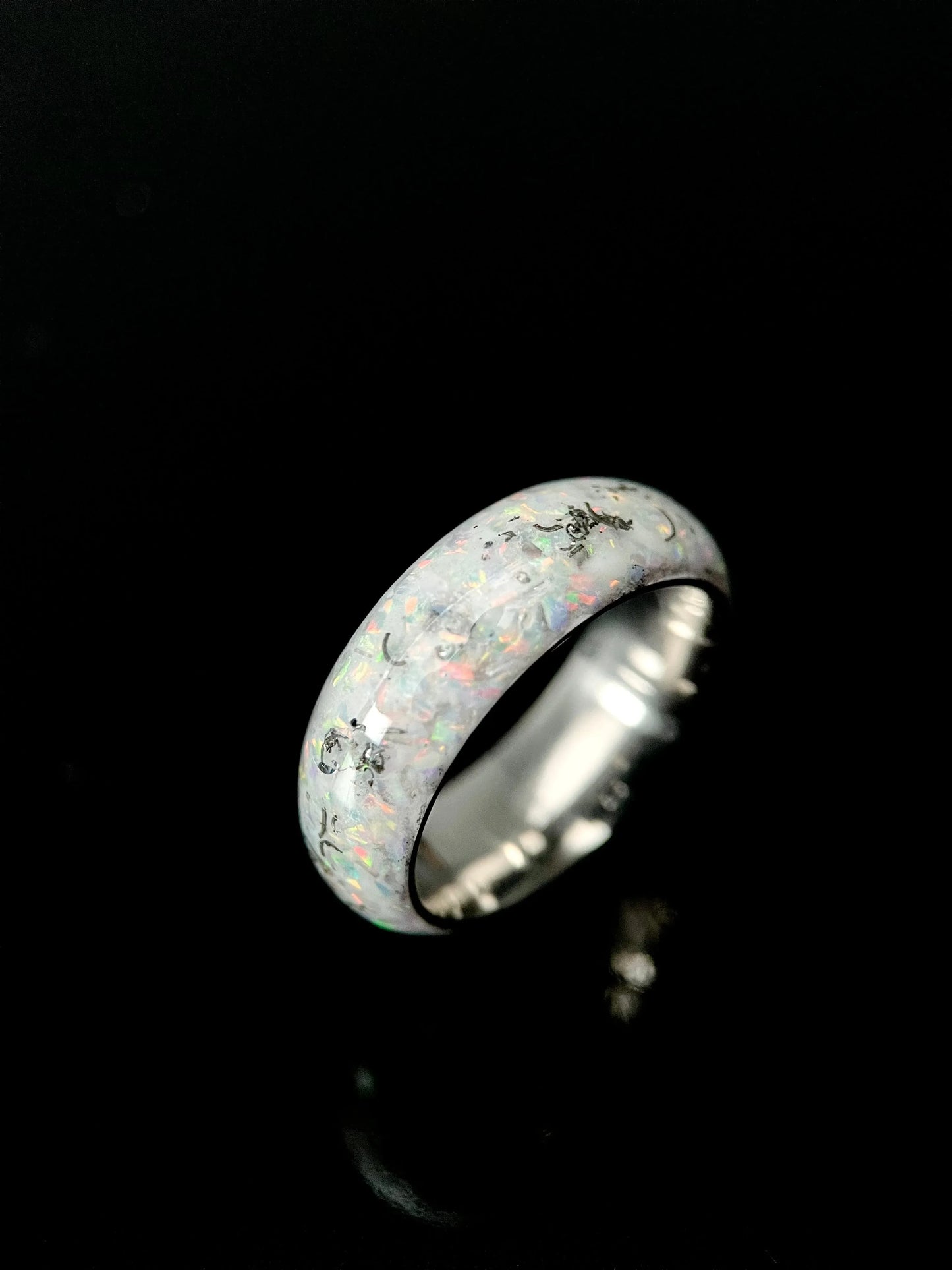 Regalia Rings The Phobos glow-in-the-dark ring featuring meteorite and opal in a stylish, celestial-inspired design.