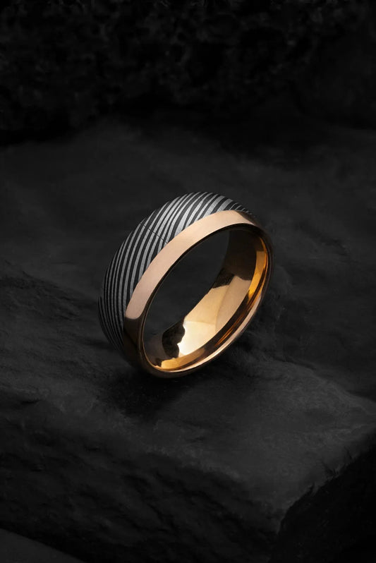 The Prospector: Damascus and Gold Wedding Band