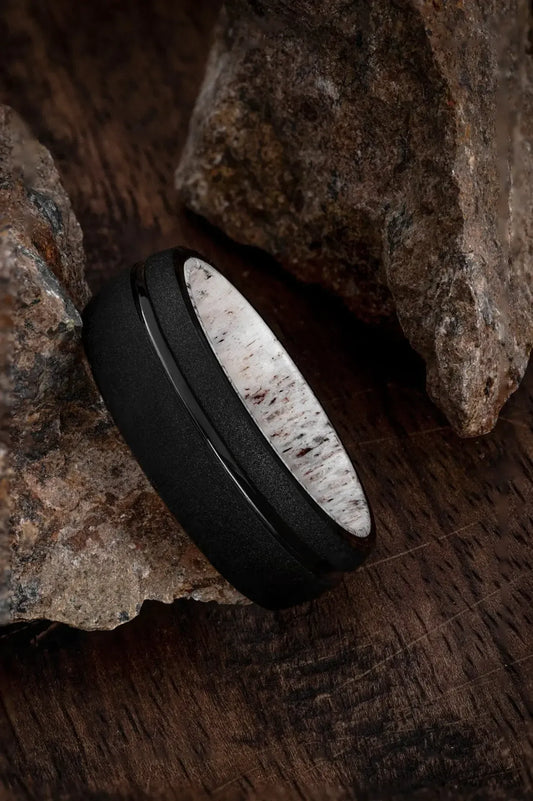 The Zeus: Tungsten Black ring with Deer Antler