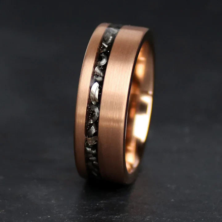 18k Rose Gold Tungsten Carbide - inlay Gibeon Meteorite. Size 8