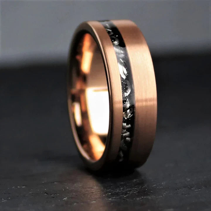 18k Rose Gold Tungsten Carbide - inlay Gibeon Meteorite. Size 8