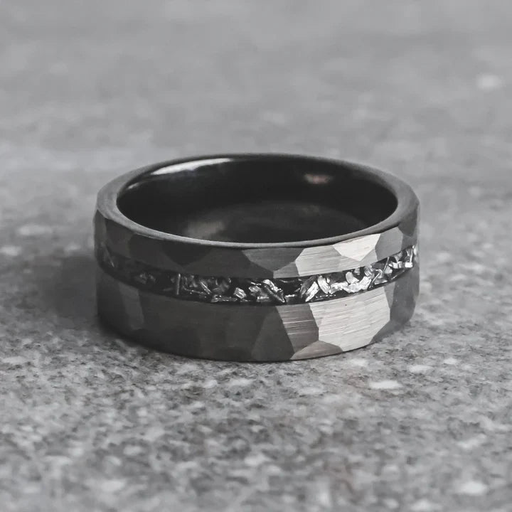 Black Hammered Tungsten with Meteorite Shaving