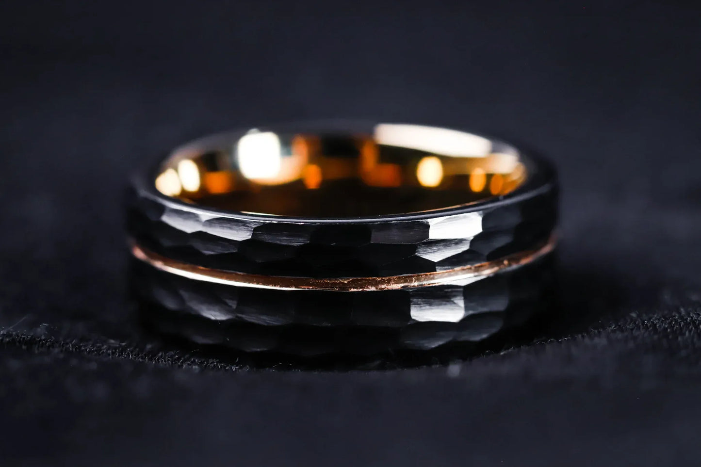 The Canopus: Hammered Black Tungsten with Rose Gold Core