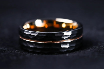 The Canopus: Hammered Black Tungsten with Rose Gold Core