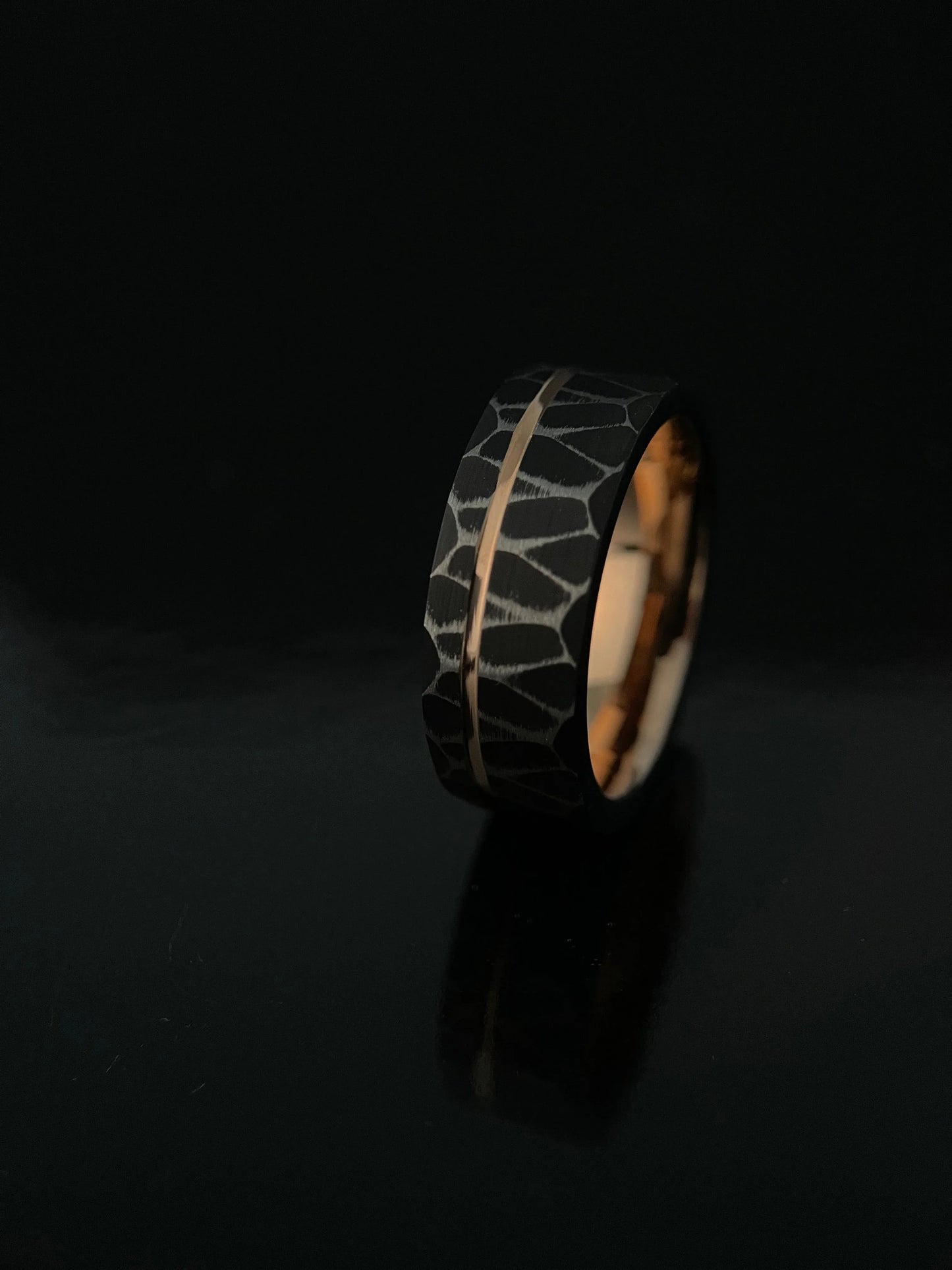 Vega’s Brilliance: Black Tungsten Ring with Rose Gold Accents
