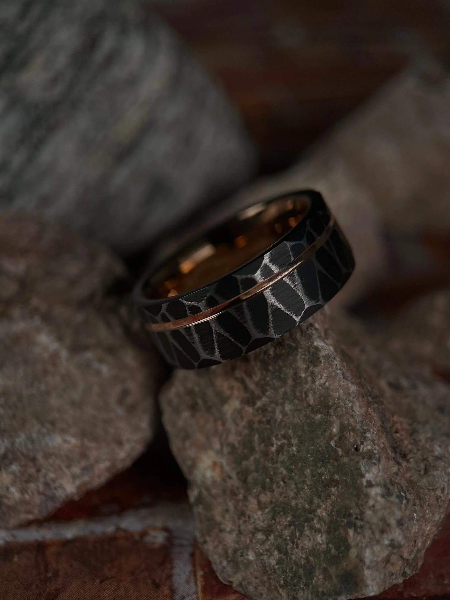 Vega’s Brilliance: Black Tungsten Ring with Rose Gold Accents