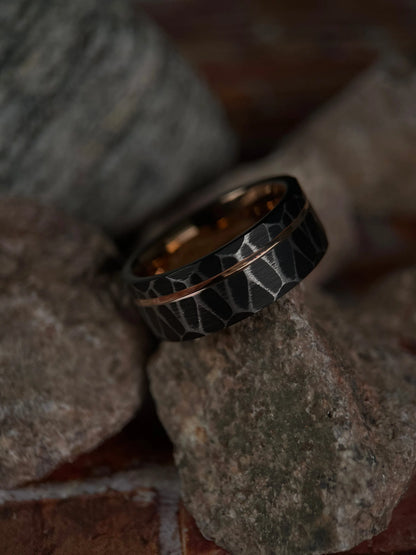 Vega’s Brilliance: Black Tungsten Ring with Rose Gold Accents
