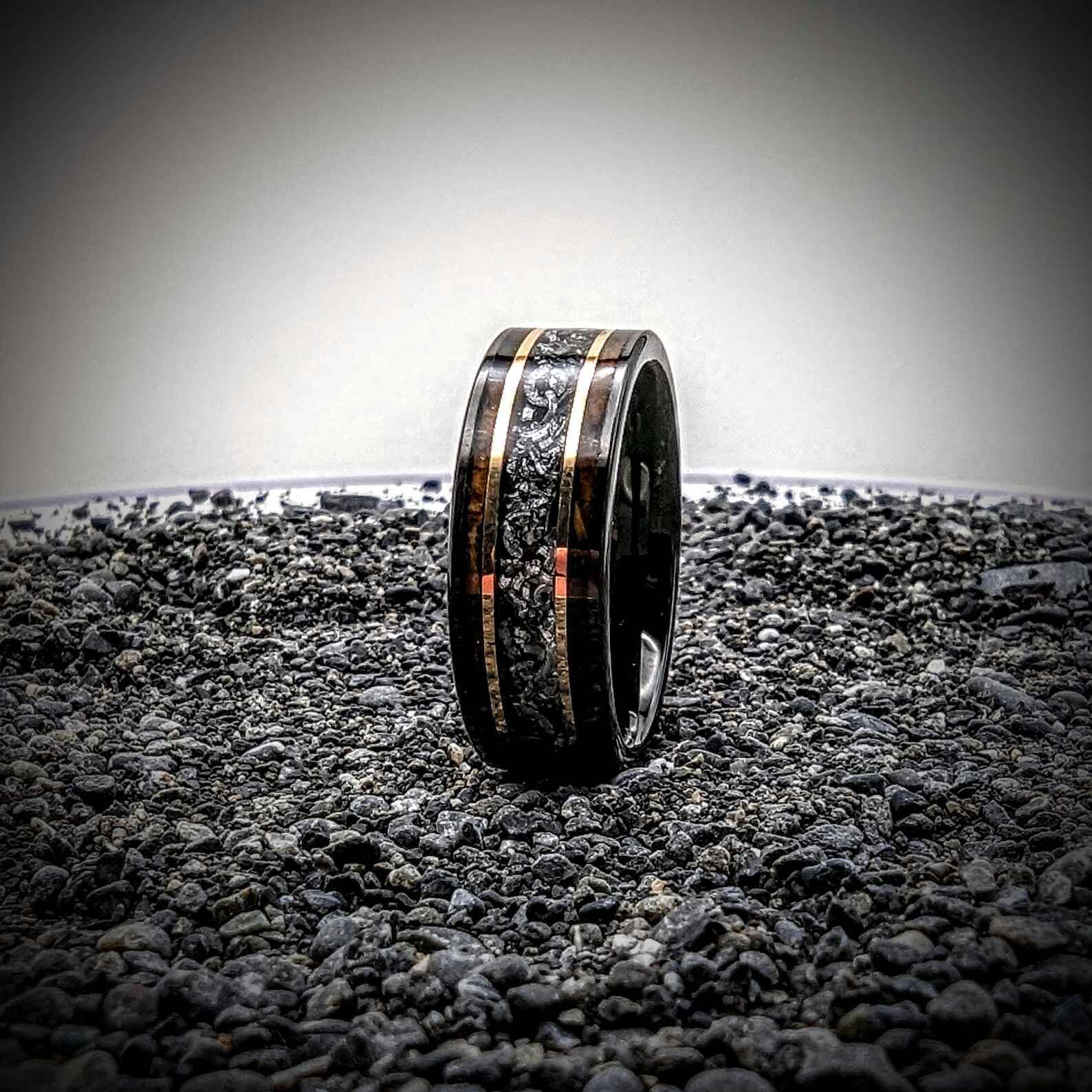 Black Tungsten with meteorite chunks and burnt whiskey barrel