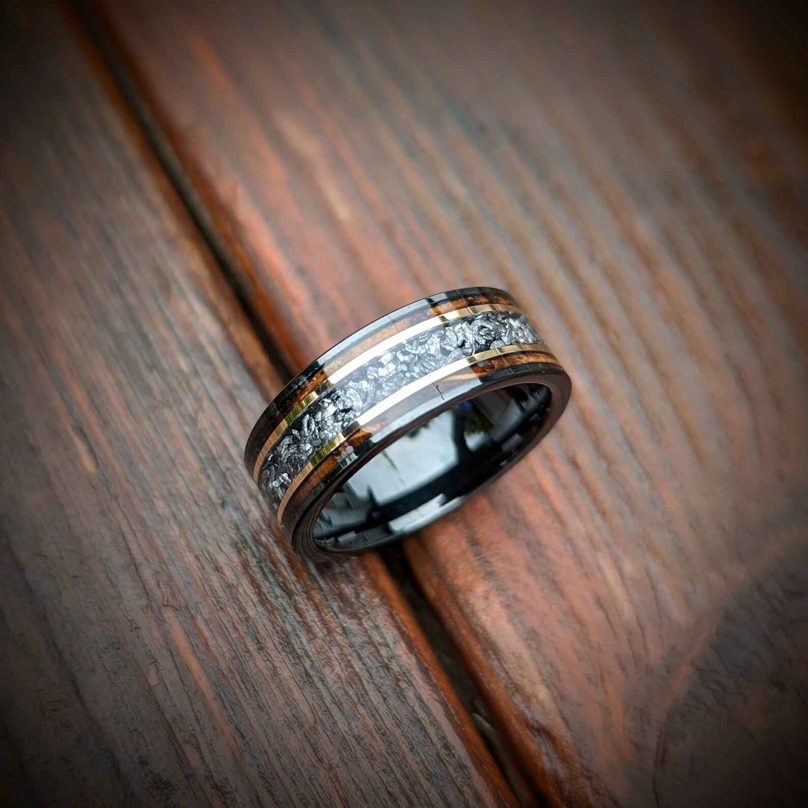 Black Tungsten with meteorite chunks and burnt whiskey barrel