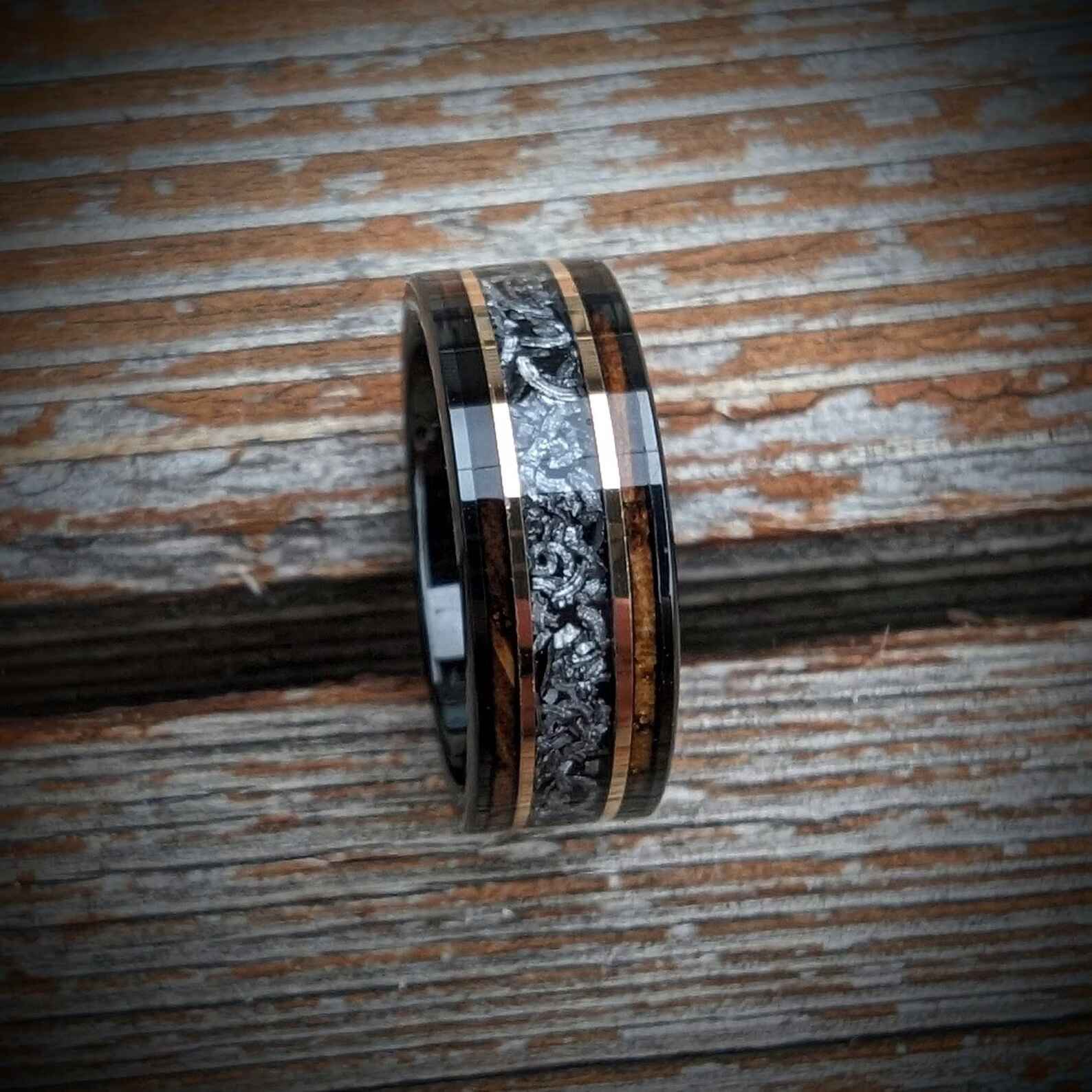 Black Tungsten with meteorite chunks and burnt whiskey barrel